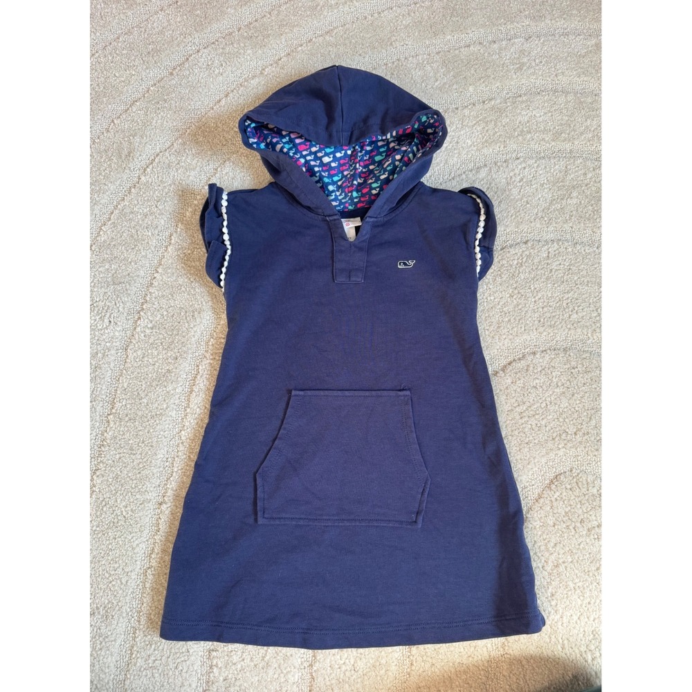 Vineyard Vines Target Girls Navy Blue Hooded Dress Pom Pom Trim Whale Print 3T‎